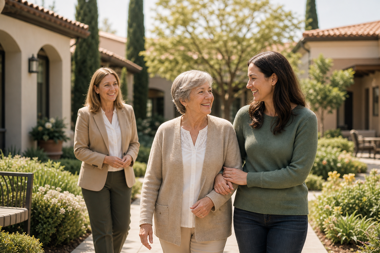 An older parent and adult child walking through a warm senior living courtyard