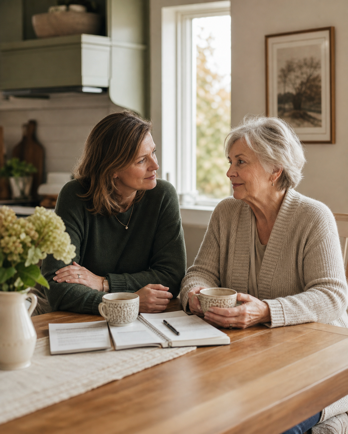 An adult child and older parent having a calm conversation at a kitchen table