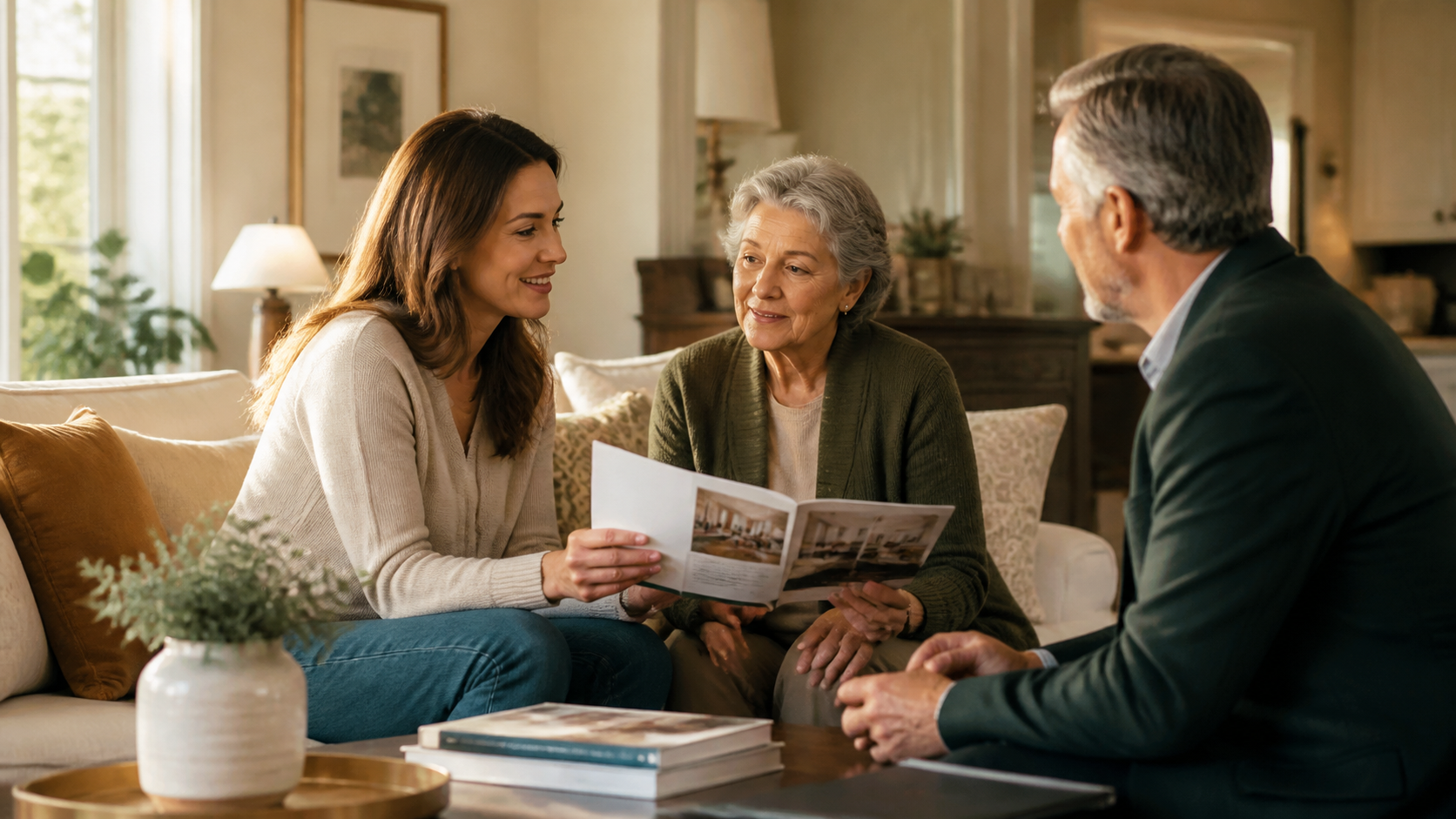 An adult daughter and older parent speaking with a senior living advisor in a warm home setting